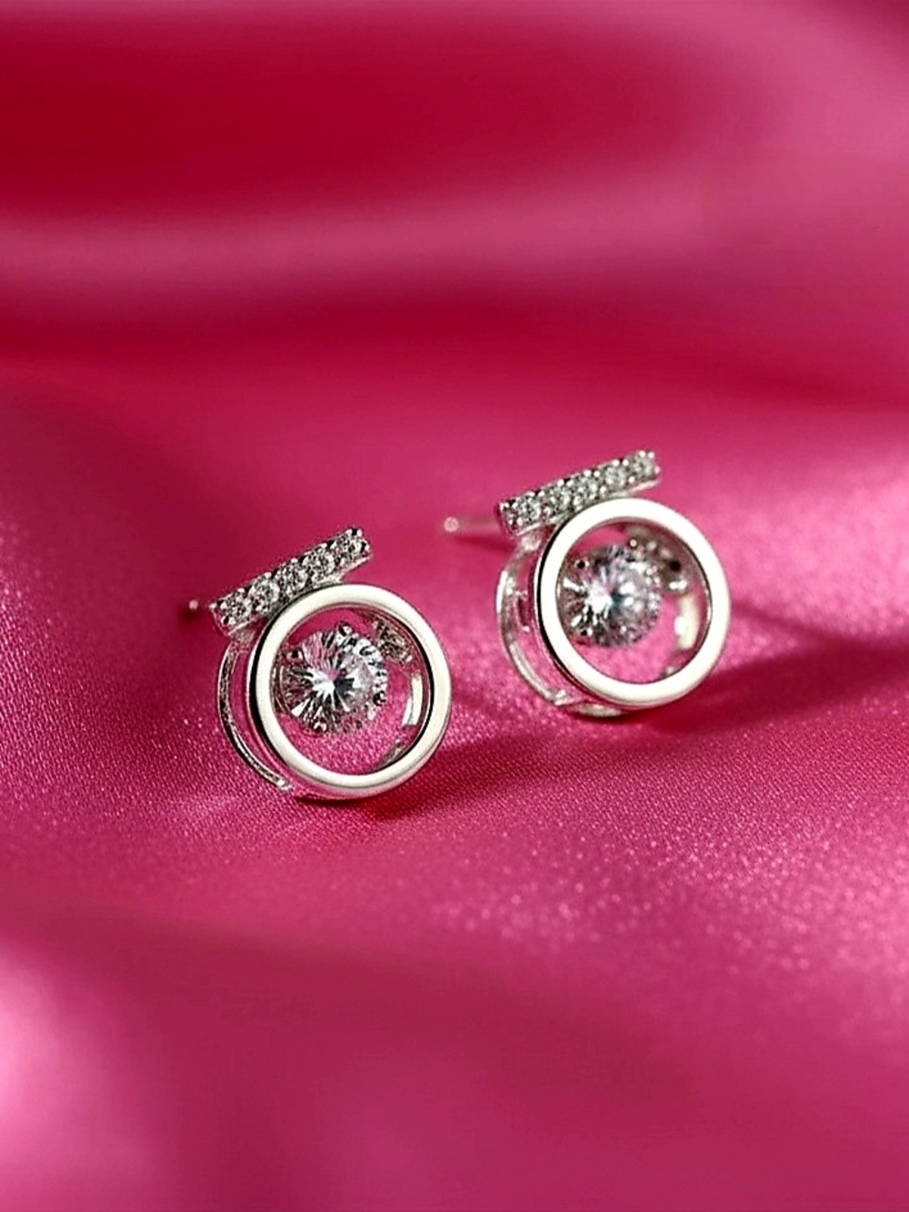 Silver Circle Drop Stud Earrings with Crystal Accent - Unique Style